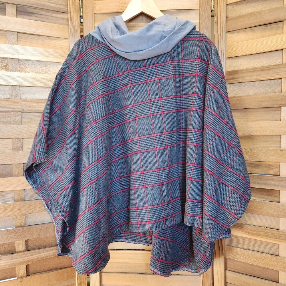 Poncho Cap Sweater Houndstooth Soft Turtleneck Women M Red Gray Black Wool Blend